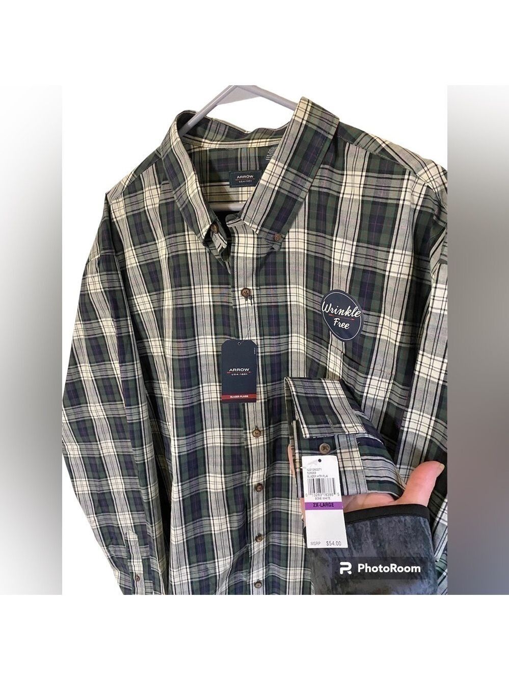 Arrow- NWT size XXL wrinkle-free blazer plaid button down. Blue/green with white